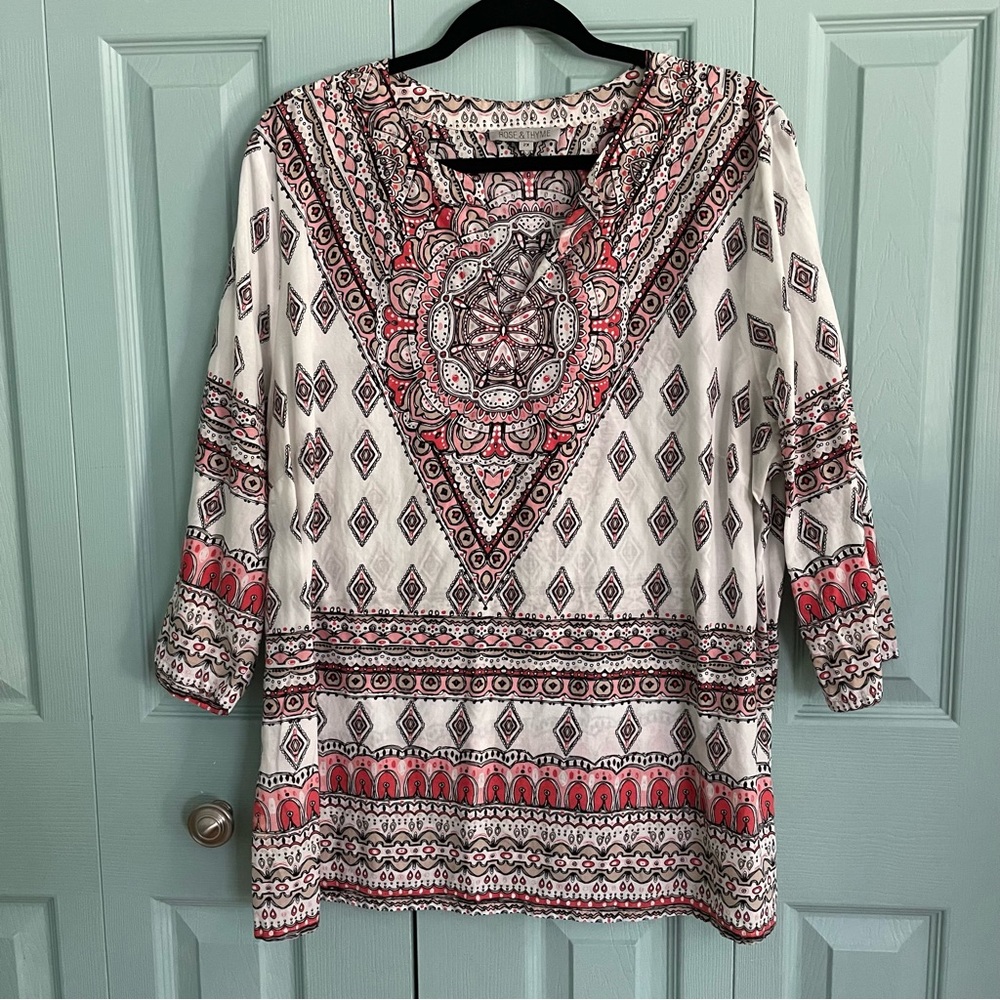 Rose & Thyme Womens Boho Blouse‎ 2X V-Neck 3/4 Sleeve Mandala Hippie